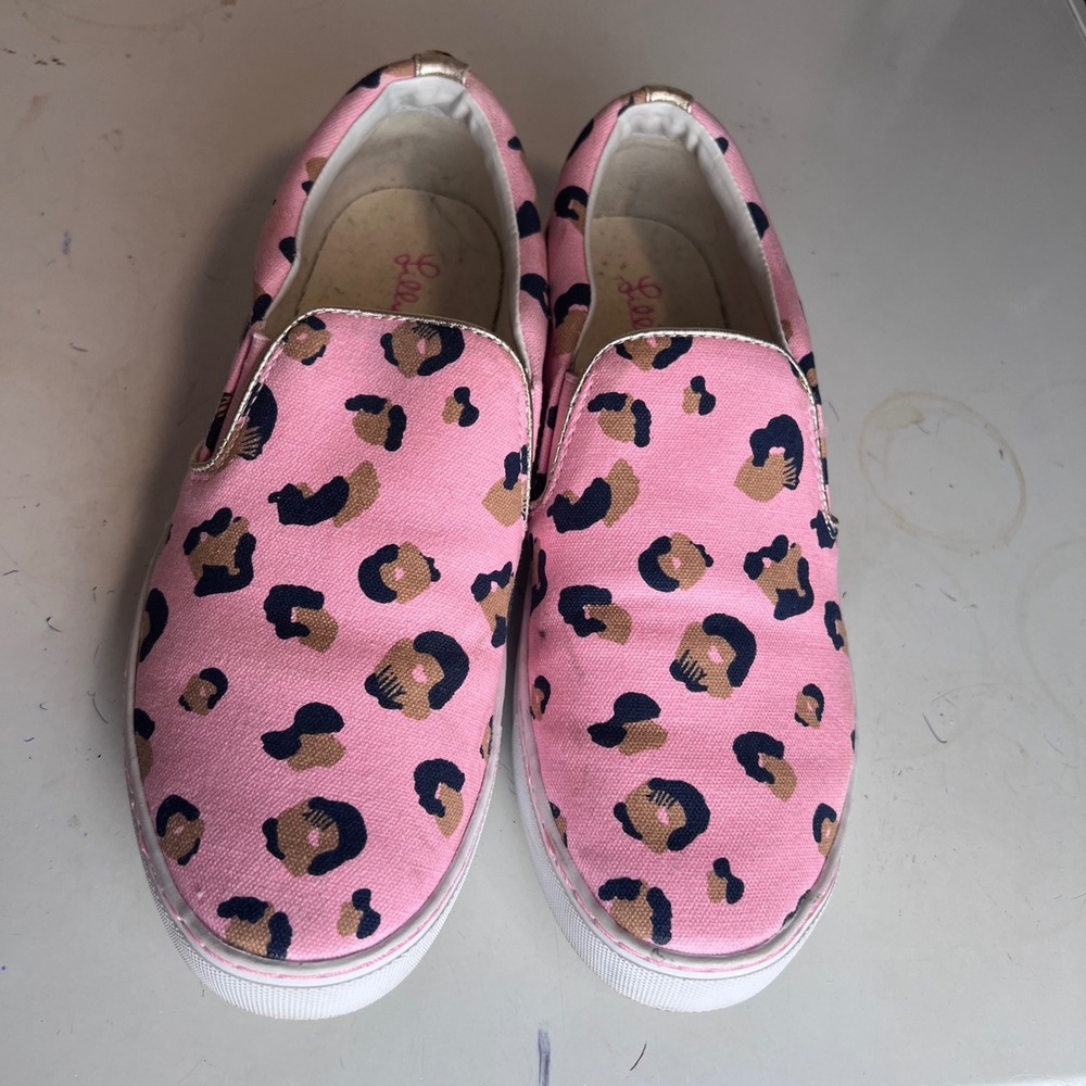 Lilly Pulitzer Pink Leopard Print Canvas Slip On Sneakers Shoes Gold Trim 001293